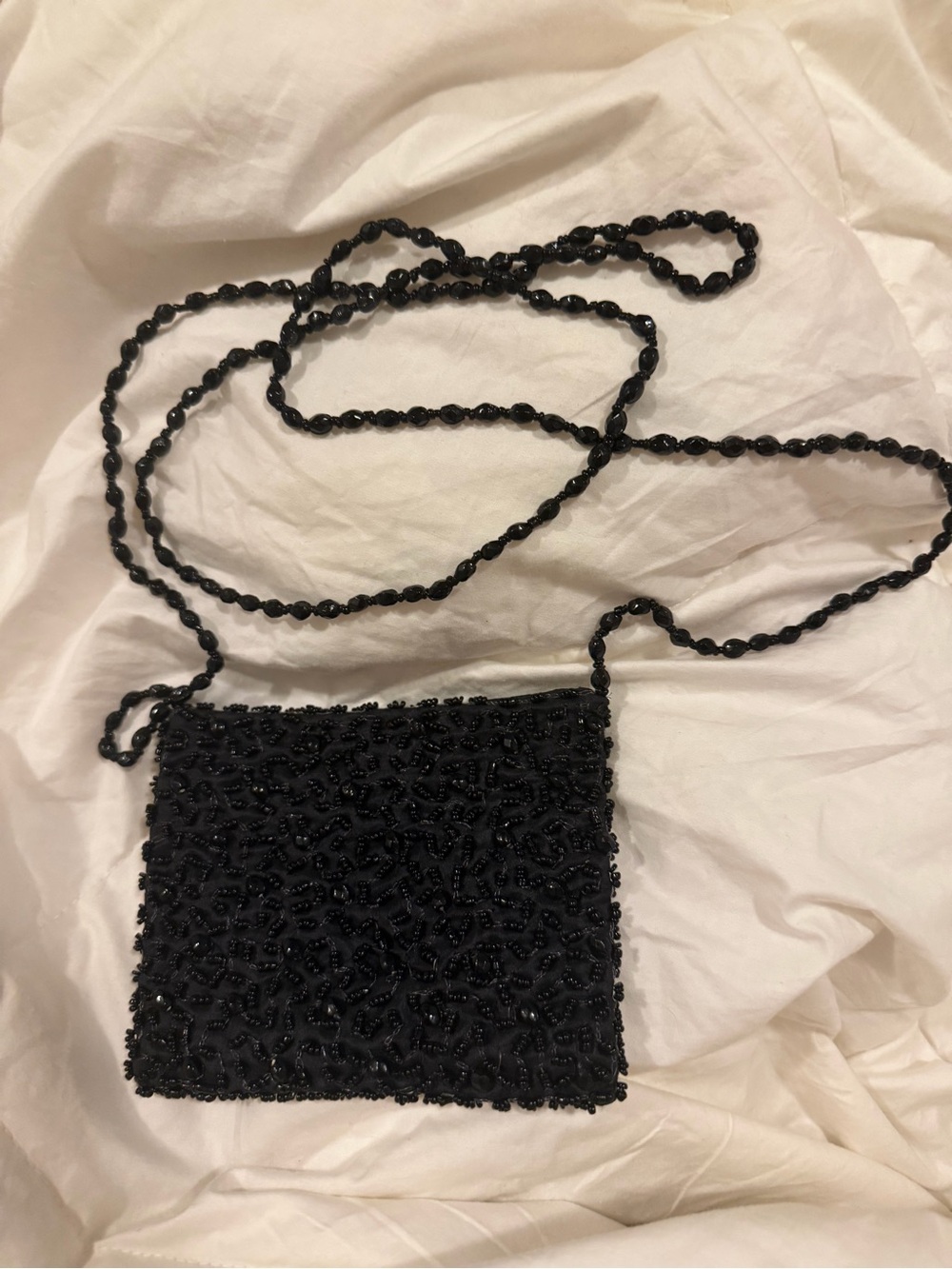 Delicate Black Beaded Evening Clutch with Long Beaded Strap